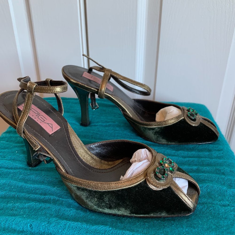 Spiga Green Velvet Strappy Heels/ Pumps - Picture 2 of 5